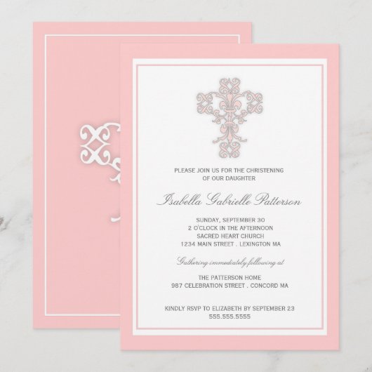 Elegant Pink Cross Girls Uitnodiging (Voorkant / Achterkant)