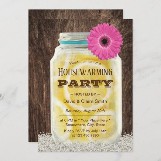 Elegant Pink Daisy Lemonade Jar Housewarming Party Kaart (Voorkant / Achterkant)