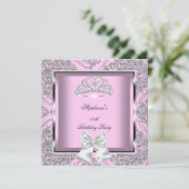 Elegant Pink Damask Silver Birthday Party Kaart (Staand voorkant)