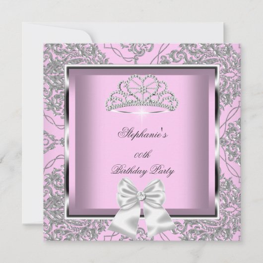 Elegant Pink Damask Silver Birthday Party Kaart (Voorkant)