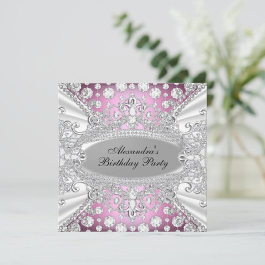 Elegant Pink Diamond Jewel Birthday Party Invite Kaart (Staand voorkant)