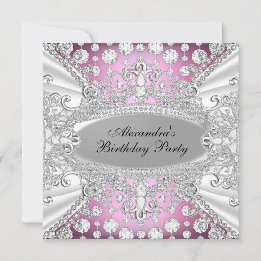 Elegant Pink Diamond Jewel Birthday Party Invite Kaart (Voorkant)