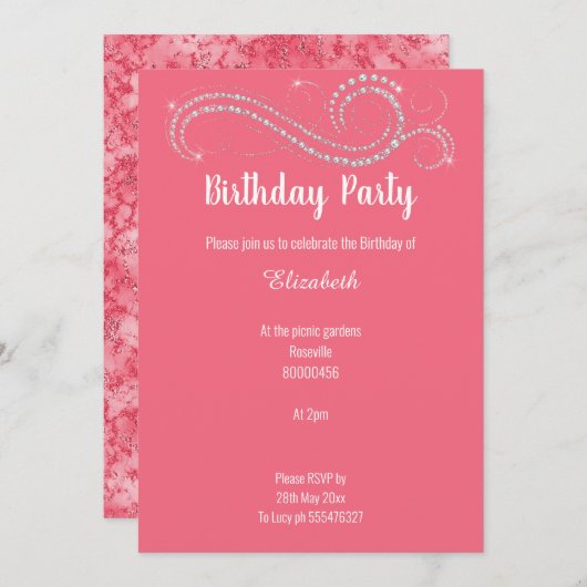 ELEGANT PINK DIAMOND MARBLE BIRTHDAY PARTY KAART (Voorkant / Achterkant)