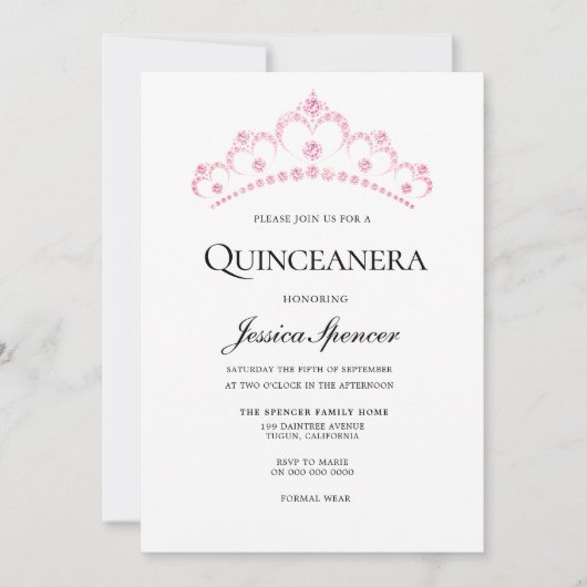 Elegant Pink Diamond Tiara Quinceanera Invite Kaart (Voorkant)