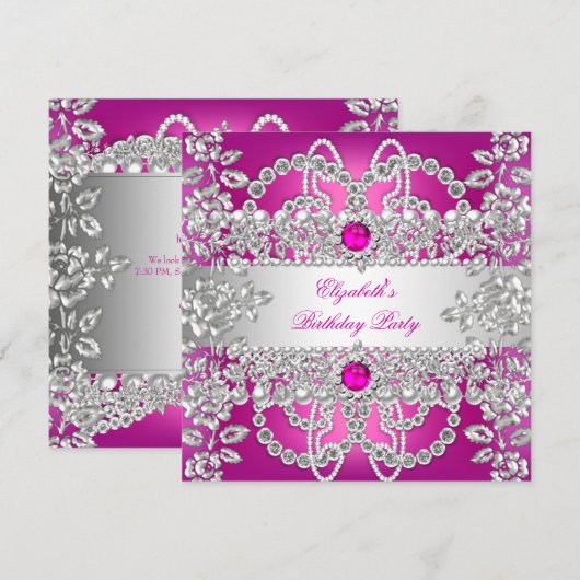 Elegant Pink Diamonds Silver Floral Party Kaart (Voorkant / Achterkant)