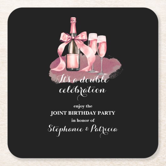 Elegant Pink Double Celebration Joint Birthday Kartonnen Onderzetters (Voorkant)