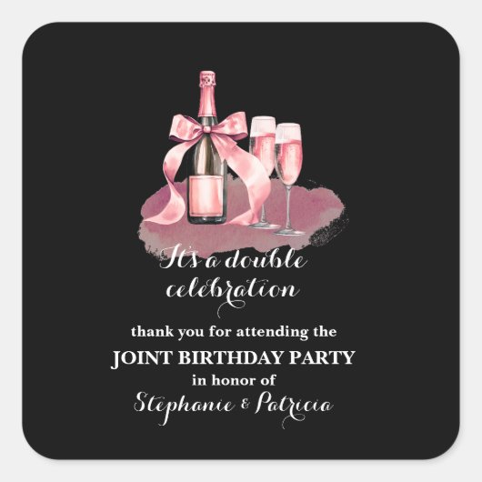 Elegant Pink Double Celebration Joint Birthday Vierkante Sticker (Voorkant)