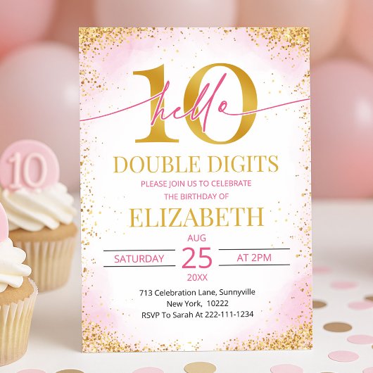 Elegant Pink Double Digits Girl 10th Birthday  Kaart