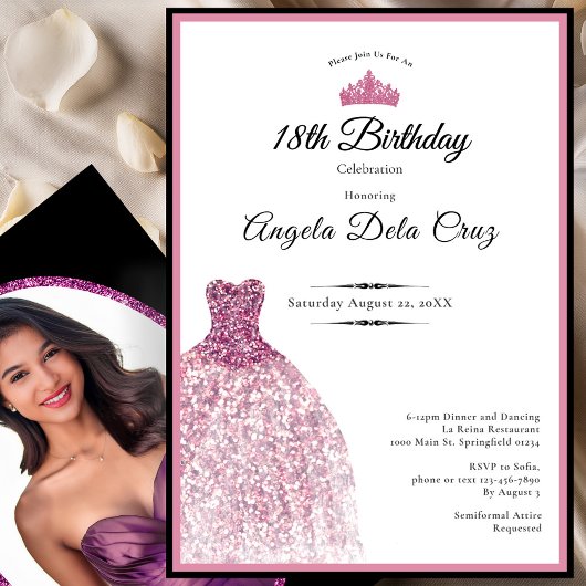 Elegant pink dress 18th birthday debut kaart
