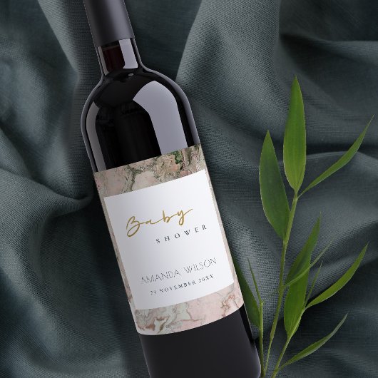 ELEGANT PINK DUSKY ROOS GOLD AGATE BABY SHOWER WIJN ETIKET