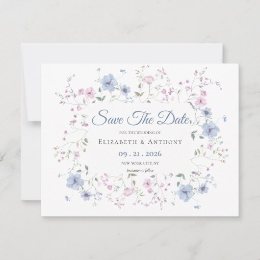 Elegant Pink & Dusty Blue Floral Wedding  Save The Date (Voorkant)