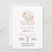 Elegant Pink Elephant Baby Shower Invitation Kaart (Voorkant)
