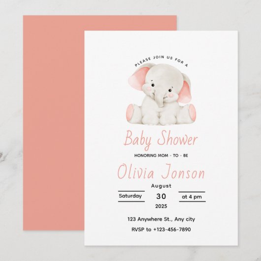 Elegant Pink Elephant Baby Shower Invitation Kaart (Voorkant / Achterkant)