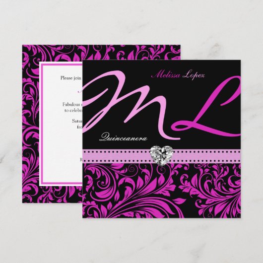 Elegant Pink en Black Quinceanera Kaart (Voorkant / Achterkant)