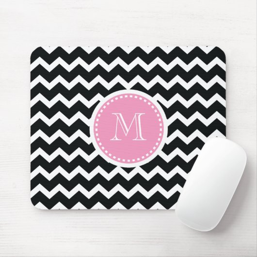 Elegant Pink en Black Retro Chevron Monogram Muismat (Met muis)