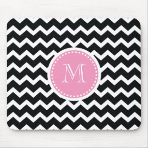 Elegant Pink en Black Retro Chevron Monogram Muismat