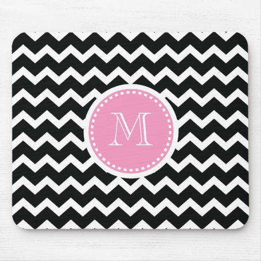 Elegant Pink en Black Retro Chevron Monogram Muismat (Voorkant)