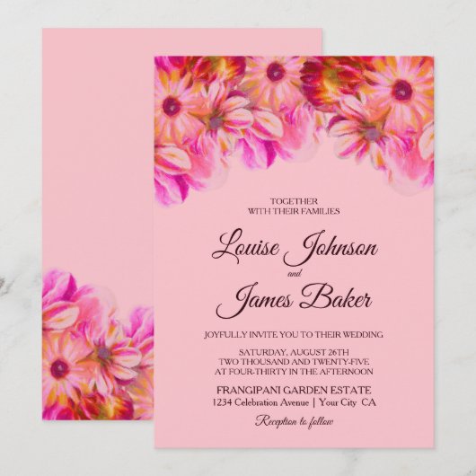 Elegant Pink en Gele Floral Wedding Kaart (Voorkant / Achterkant)