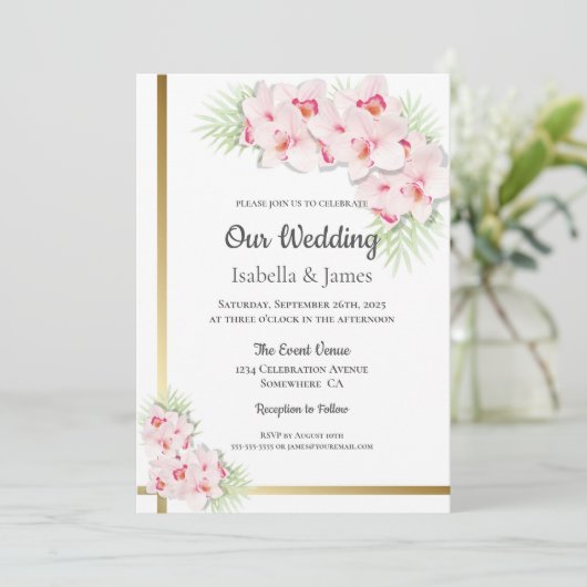 Elegant Pink en Gold Floral Wedding Kaart (Staand voorkant)