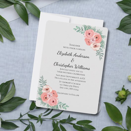 Elegant Pink en Gray Floral Waterverf Wedding Kaart