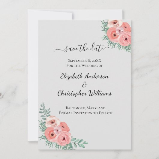 Elegant Pink en Gray Floral Waterverf Wedding Save The Date (Voorkant)