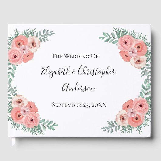 Elegant Pink en Green Floral Waterverf Wedding Gastenboek (Voorkant)