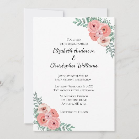 Elegant Pink en Green Floral Waterverf Wedding Kaart (Voorkant)