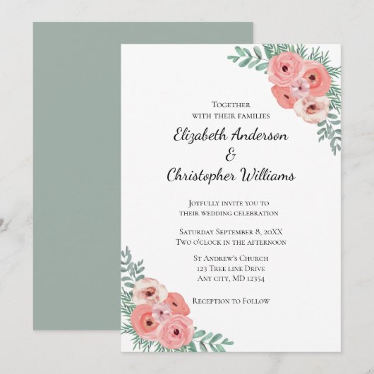 Elegant Pink en Green Floral Waterverf Wedding Kaart (Voorkant / Achterkant)