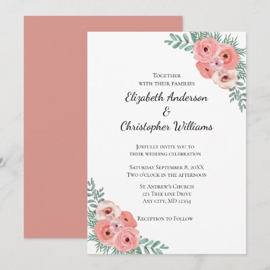 Elegant Pink en Green Floral Waterverf Wedding Kaart (Voorkant / Achterkant)