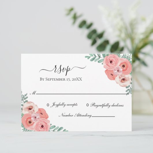 Elegant Pink en Green Floral Waterverf Wedding RSVP Kaartje (Staand voorkant)