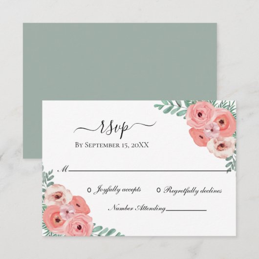 Elegant Pink en Green Floral Waterverf Wedding RSVP Kaartje (Voorkant / Achterkant)