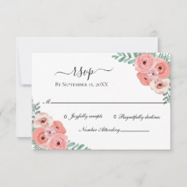 Elegant Pink en Green Floral Waterverf Wedding RSVP Kaartje