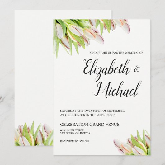 Elegant Pink en Green Tulip Wedding Waterverf Kaart (Voorkant / Achterkant)