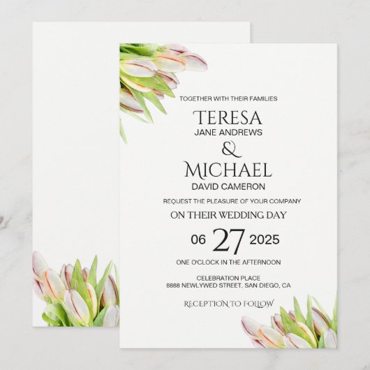 Elegant Pink en Green Tulip Wedding Waterverf Kaart (Voorkant / Achterkant)