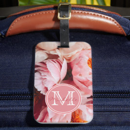 Elegant Pink en Peach Peonies Monogramed Bagagelabel