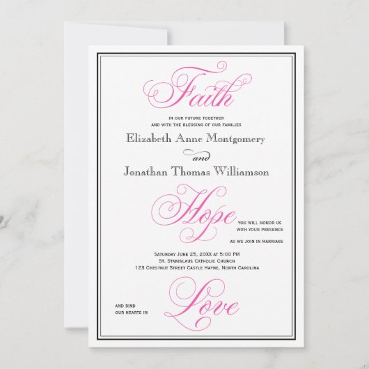 Elegant Pink Faith Hope Love Weddenation Invitatio Kaart (Voorkant)