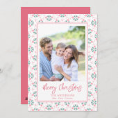 Elegant Pink Family Photo Pattern Script Christmas Feestdagenkaart (Voorkant / Achterkant)