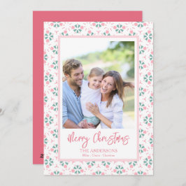 Elegant Pink Family Photo Pattern Script Christmas Feestdagenkaart