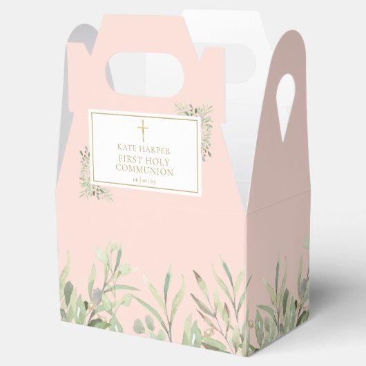 Elegant Pink First Heilige Communie Greenery Favor Bedankdoosjes (Geopend)