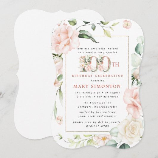 Elegant Pink Floral 100e verjaardag Kaart (Voorkant / Achterkant)