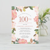 Elegant Pink Floral 100e verjaardag Uitnodiging (Staand voorkant)