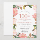 Elegant Pink Floral 100e verjaardag Uitnodiging (Voorkant / Achterkant)