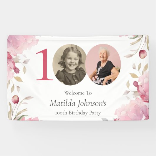 Elegant Pink Floral 100th Birthday Party Welcome Spandoek (Horizontaal)