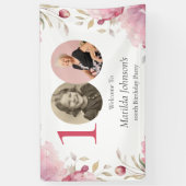 Elegant Pink Floral 100th Birthday Party Welcome Spandoek (Verticaal)