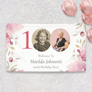 Elegant Pink Floral 100th Birthday Party Welcome Spandoek