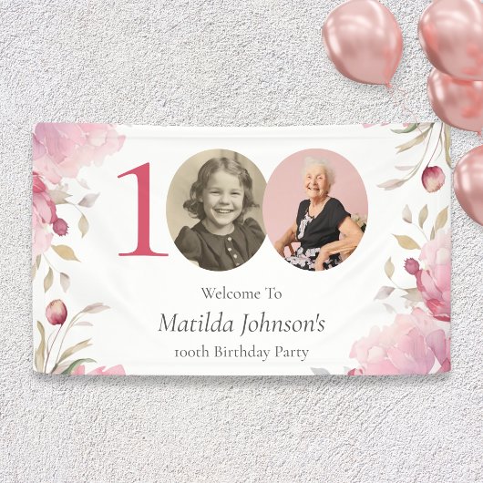 Elegant Pink Floral 100th Birthday Party Welcome Spandoek