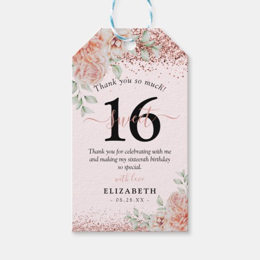 Elegant Pink Floral 16e verjaardag Dank je wel Cadeaulabel (Voorkant)
