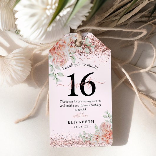 Elegant Pink Floral 16e verjaardag Dank je wel Cadeaulabel