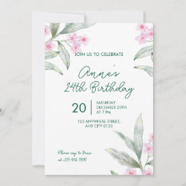 Elegant Pink Floral 24th Birthday Invitation Kaart