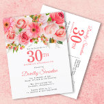 Elegant Pink Floral 30th Birthday Uitnodiging Briefkaart<br><div class="desc">Rozen, pinda's en bruinvissen creëer zomerroze bloemen. Buds en bladeren voegen een bijtende vibe toe. De 30e wordt geschreven in een grote vetgedrukte tekst. Het kan voor elk jaar worden gewijzigd dat u wilt. De naam van de verjaardagsberoemde wordt geschreven in een elegant manuscriptdoopvont. De rug van het briefkaart verstrekt...</div>